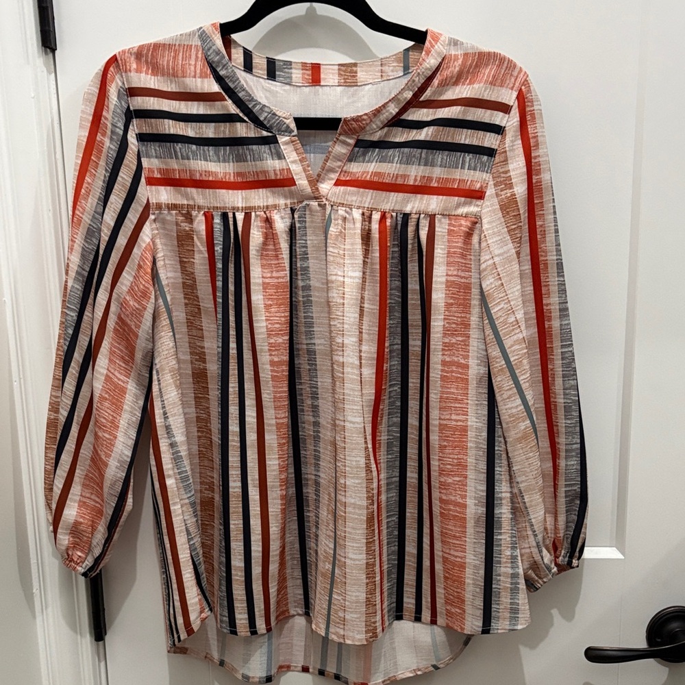 Striped V-Neck Peasant Blouse - Rust Multi